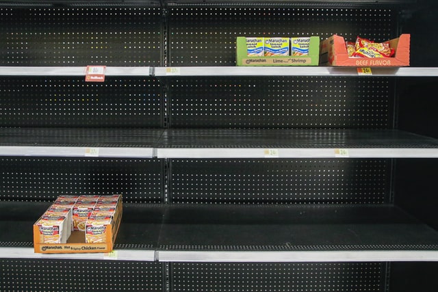 Empty grocery store shelves because of panic buying