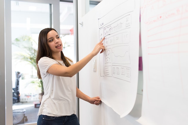 Employee pointing to whiteboard